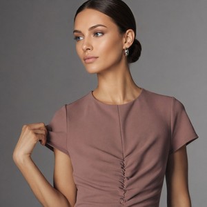 Vestido <span class=keywords><strong>de</strong></span> Mujer con Cuello Redondo, Manga Corta, Fruncido en el <span class=keywords><strong>Centro</strong></span>, Drapeado, Corte Ajustado, Midi, Fabricante OEM ODM - Product Image 3