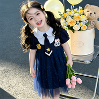 Nouvelle Robe en Tulle à Manches Courtes pour Filles 2026, Robe d'Été Respirante pour Enfants avec Motif Chemise et Cravate pour Tout-Petits et Petites Filles