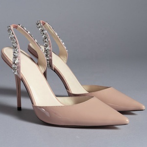 Scarpe da Donna con Tacco a Spillo, in Pelle Verniciata/Raso, con Pietre, Punta Affusolata, Colore Tan - Product Image 3