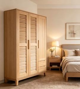 Armoire scandinave en bois avec portes à battants, en bois massif, autoportante, meubles de chambre à coucher modernes, 2 tiroirs - Product Image 1