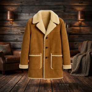 Manteau en cuir brun doublé de fourrure de mouton avec poches avant - Product Image 3