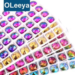 Boutons en strass à coudre Oleeya Factory, qualité supérieure 5A, cristal AB, forme ronde Rivoli, 12 mm, dos plat, colorés, pour bouquets - Product Image 1