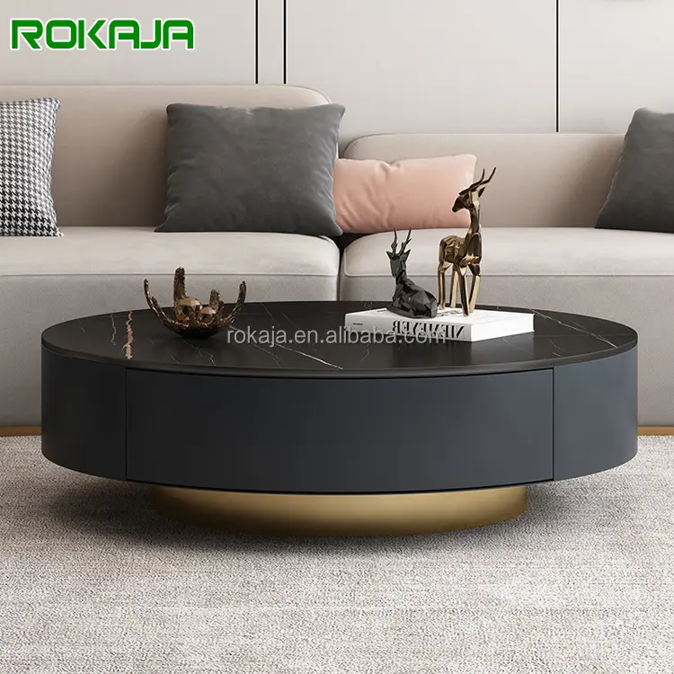 Simple Rock Slab Round Coffee Table Stainless Steel Base Center Table With Drawer Hotel Living Room Glass Side Table Combination