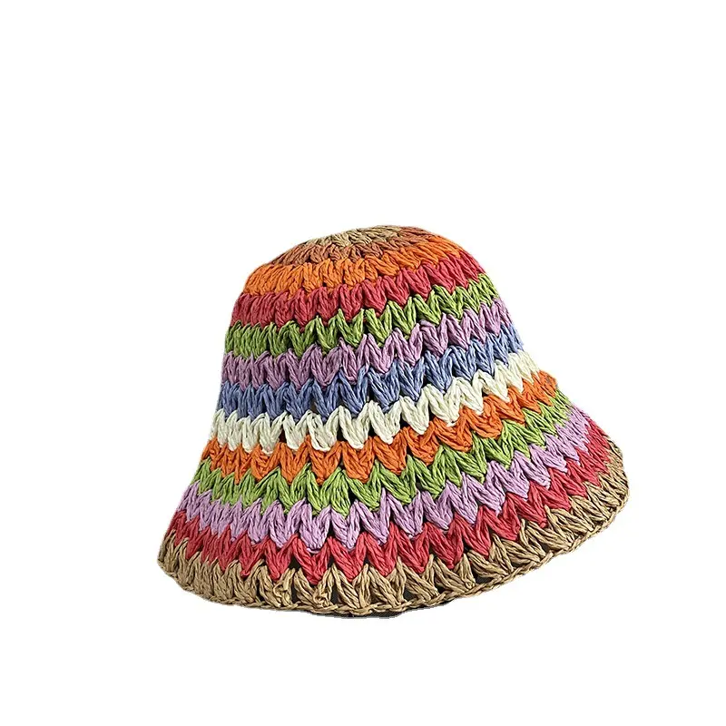 Sommer Aushöhlen Regenbogen Streifen Strohhut Mädchen Eimer Hut Outdoor Beach Sunhat