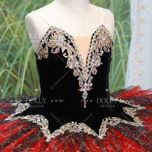 Vestido de tutú de ballet estilo español rojo y negro para niñas, tutú profesional de terciopelo y encaje con pedrería, disfraz de baile para niños - Product Image 2