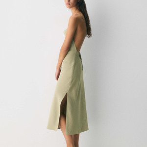 Robe midi décontractée vintage pour femme en mélange de lin brodé, dos nu, à nouer, bretelles spaghetti, fente latérale, été - Product Image 2