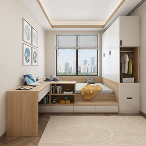 Ensemble de chambre à coucher modulaire commercial peu encombrant avec lit en bois et armoire pour petit appartement de location Airbnb - Product Image 1