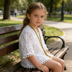 Robe kimono en dentelle blanche pour petite fille, manches courtes, avec pompons, pour bébé, tout-petit, enfant, cardigan en tricot, couleurs personnalisées - Product Image 4