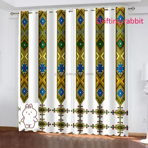 エチオピアの伝統的なデザインのウィンドウカーテンサバとテレットブラックアウトカーテン生地3Dプリント高級ベッドルームカーテン