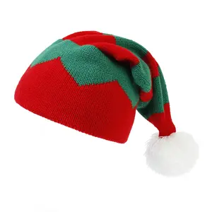 Vente en gros Chapeau de Noël décoratif Chapeau d'hiver en tricot jacquard Joyeux Noël Cadeaux Bonnet rouge avec pompon pour enfants et adultes