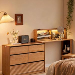 Solid Wood Vanity Table <b>Cherry</b> Wood Lighted Mirror Bedroom Dresser Combined Nordic Style Modern Minimalist - Product Image 1