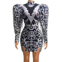 Robe de soirée à manches bouffantes avec franges en strass Robe décontractée élégante Performance Costume de danse Robes de soirée pour femmes Mini robe de club de bal