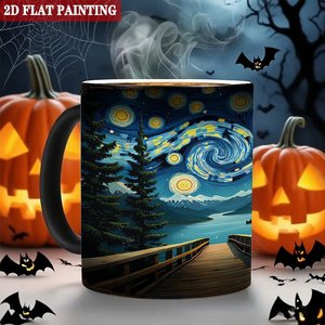 Taza de Cerámica Negra Esmerilada de 11 oz para Sublimación, Taza Sensible al Calor con Diseño de Pintura de Noche Estrellada - Product Image 6