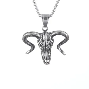 Fashion Hiphop Rock Stainless Steel Goat Bull Ox Head Horn Skull Pendant Necklace Gothic Satan Skull Goat Pendant Necklace