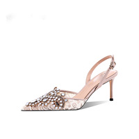 Sandales en dentelle à talons hauts pour femmes, chaussures de luxe, de haute qualité, avec strass décoratifs