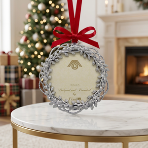 Metal <b>Christmas</b> Ornament 2.5x2.5 Inch Round Classic Style Indoor Decor Handcrafted with Leaf Design Red Ribbon - Product Image 2