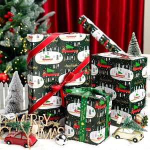 Christmas Wrapping Paper Roll Red Cars Trees Snowflakes Design Green Gift <b>Wrap</b> 46.5 Sq Ft Single Side Art Paper - Product Image 1