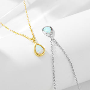 925 Sterling Silver Women Gold Plated White Synthetic <b>Opal</b> Teardrop Link Chain <b>Necklace</b>-Romantic Wedding Engagement Gift - Product Image 2