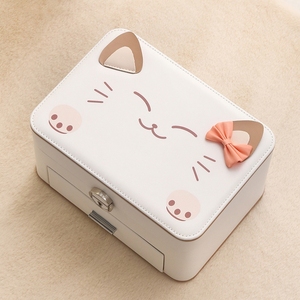 Boîte à bijoux mignonne en forme de chaton, boîte de rangement à bijoux à deux étages, boîte à bijoux en cuir de haute qualité - Product Image 2