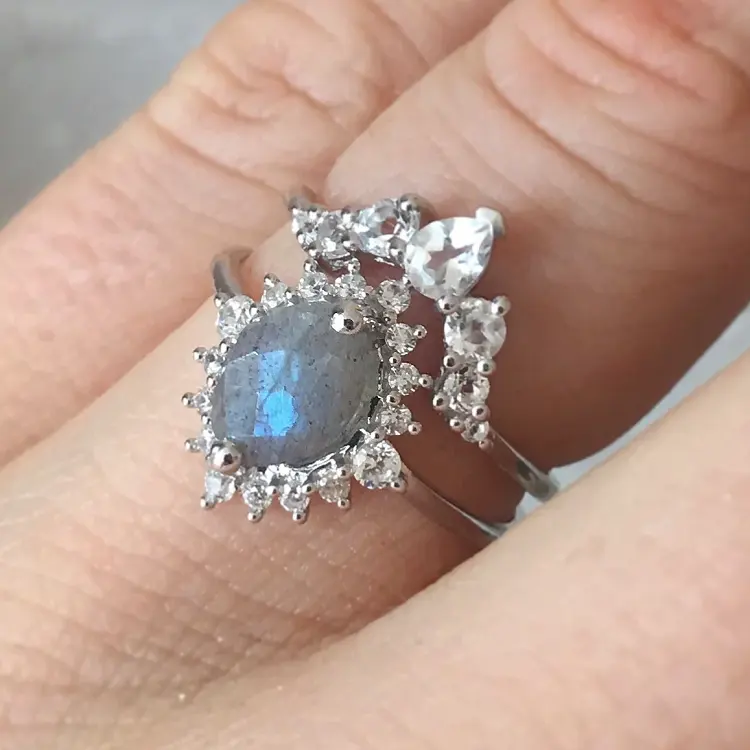 Buatan tangan batu permata alami cincin perak murni zirkon potongan mawar cabochon penyembuhan labradorite & batu bulan cincin batu permata longgar