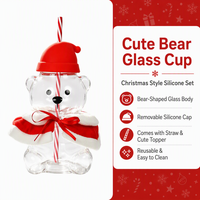 Tasse en verre personnalisée de 20 oz en forme d'ours pour les fêtes, tasse à café transparente de Noël avec couvercles en silicone et paille