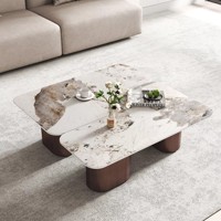 Table basse de luxe VOXHOME en marbre blanc naturel, tabouret en pierre texturée, ensemble de table centrale carrée moderne pour salon