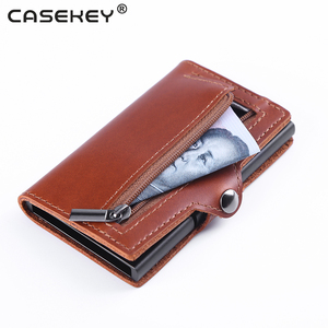 Casekey Extra Thin Anti Theft Rfid Blocking Aluminum <b>Metal</b> Card Holder Oil Wax Leather <b>Wallet</b> for Men Women With Coin Pocket - Product Image 3