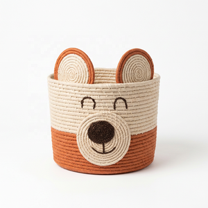 Panier de rangement en raphia fait main avec motif visage d'ours, forme ronde, pour chambre d'enfant, salon, organiseur de jouets, panier tissé - Product Image 1