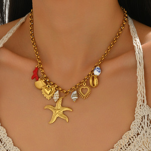 สร้อยคอจี้รูปปลาดาวและเปลือกหอย โลหะผสมสังกะสี สีทอง เครื่องประดับแฟชั่นสำหรับผู้หญิง ของตกแต่งสำหรับงานปาร์ตี้ - Product Image 1