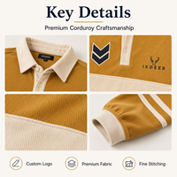 IKDEER Polo de rugby personnalisé pour homme à manches longues en velours côtelé, jaune gingembre moutarde, avec patch chevron, style preppy, fabrication usine
