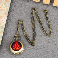 Reloj de Cadena Antiguo, Reloj de Bolsillo con Colgante de Metal Bronce, Collar con Reloj de Bolsillo con Patrón de Curvado de Fuego