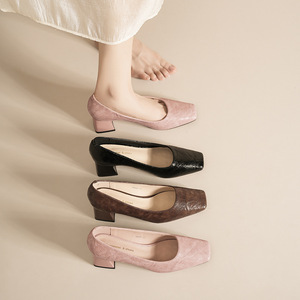 5688F Square Toe Pumps Medium <b>Block</b> Heel Suede Women's Shoes Korean Style Comfort Fit Solid Color Dress Shoes - Product Image 1