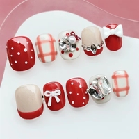 Uñas Postizas Navideñas, Set de 10 Piezas, Estilo Francés Rojo y Blanco, Diseño de Perlas, Forma de Ataúd Almendrado Largo, Colección al por Mayor