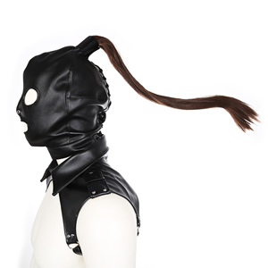 Máscara de cuero PU para toda la cabeza con cola de caballo, máscara de bondage transpirable con ojos y boca abiertos, para juegos de rol, disfraz fetiche, accesorio para la cabeza para adultos - Product Image 1