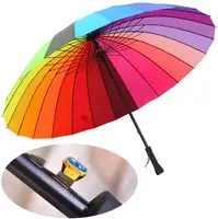 Parapluie arc-en-ciel côtelé de grande couleur 24k, mode longue poignée droite Anti-UV soleil/pluie parapluie bâton (ouverture automatique)