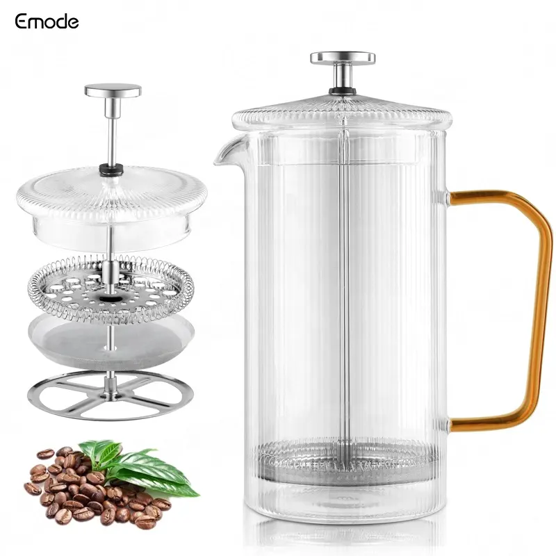 Cafetière à pression française cannelée en verre borosilicaté résistant à la chaleur à rayures verticales de 34 oz et 1 litre avec filtration à 4 niveaux