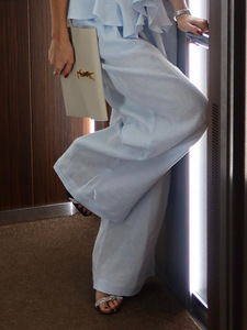 <span class=keywords><strong>Ensemble</strong></span> personnalisé pour femmes, printemps-été, pur coton, bleu, nouveau haut à volants et pantalon large décontracté - Product Image 2