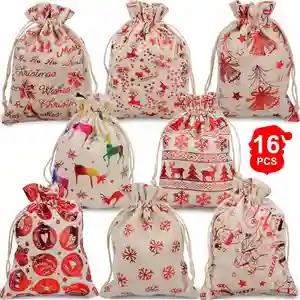 Bolsas de regalo con cordón de Navidad metálicas, bolsa de regalo bronceadora de arpillera, bolsa de lino, bolsas de regalo para envoltorio de dulces