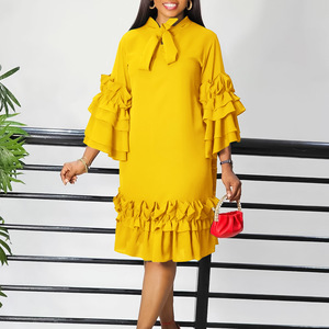 <span class=keywords><strong>Robe</strong></span> élégante à col noué pour <span class=keywords><strong>femme</strong></span>, collection Printemps 2026, manches 3/4 à volants, motif uni, longueur genou, coupe ample, idéale pour le bureau et les occasions formelles - Product Image 2