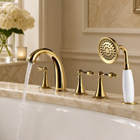 Ensemble de robinetterie de baignoire à cinq trous, finition or, corps en laiton, triple commande, avec douchette, eau chaude et froide, pour hôtel et villa