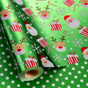 Papel de Regalo Navideño con Diseño de Renos, Puntos Verdes y Bastones de Caramelo, 17 Pulgadas x 32.8 Pies, para Manualidades y Regalos - Product Image 1