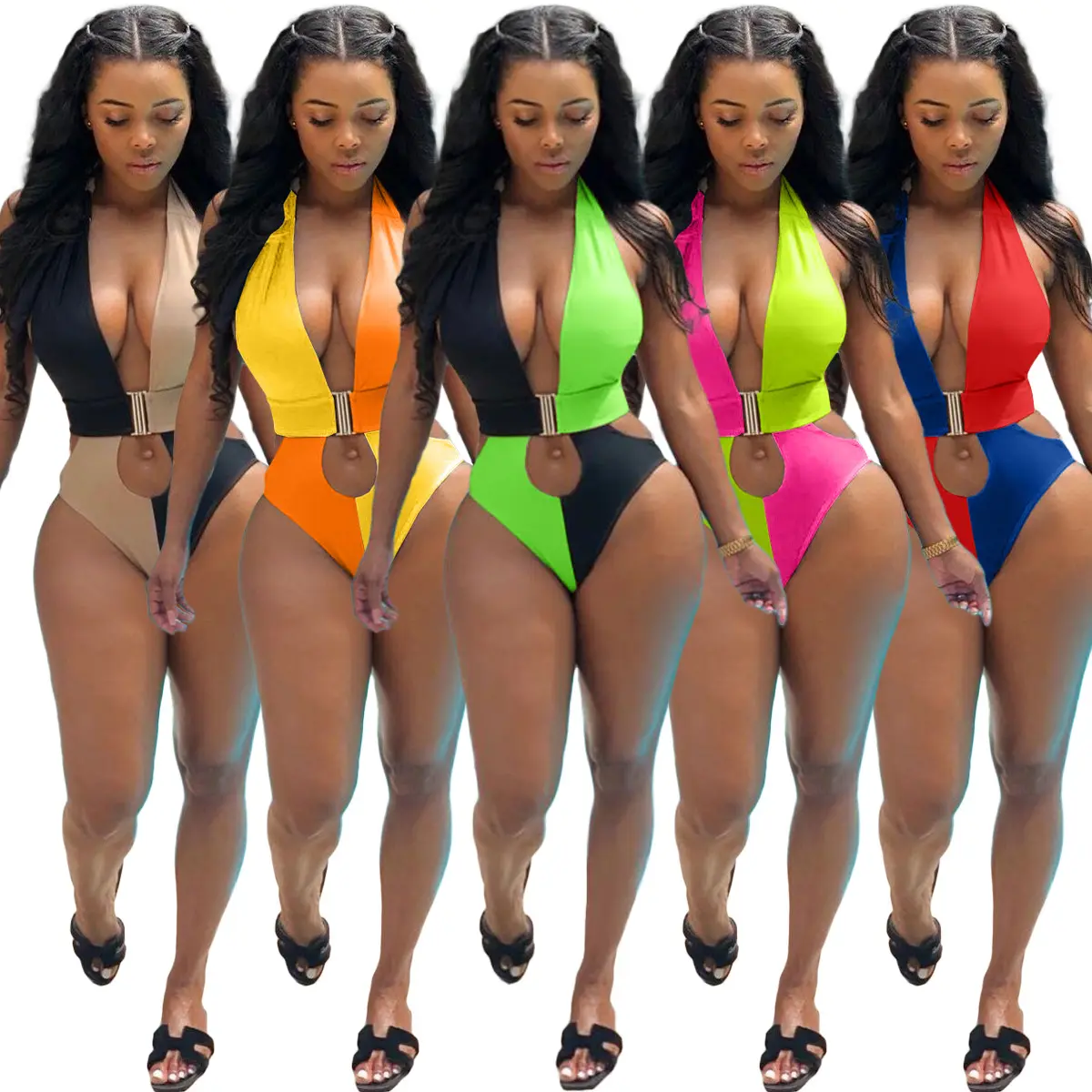 2024 New Arrivals Pierced Halter Neck Colorblock Swimwear Bikini Women One Piece Hot Sexy Deep V-Neck Swimsuit