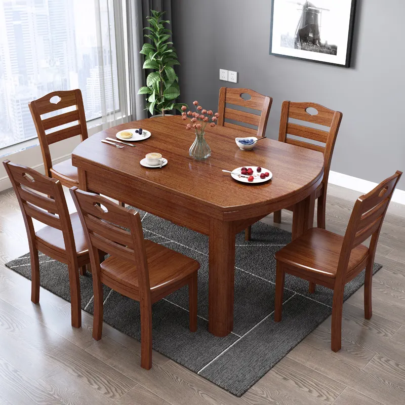 New Design Compact Dark Walnut Rubber Wood Extendable Folding Rectangular Dining Table Set