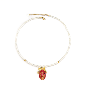 Collier de perles avec pendentif coccinelle rouge en acier inoxydable plaqué or, bijoux durables pour femmes - Product Image 2