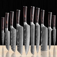 Professionnel 10 pièces en acier inoxydable à haute teneur en carbone manche en bois couteau de Chef Laser damas motif couteau bloc ensemble couteau de cuisine ensemble
