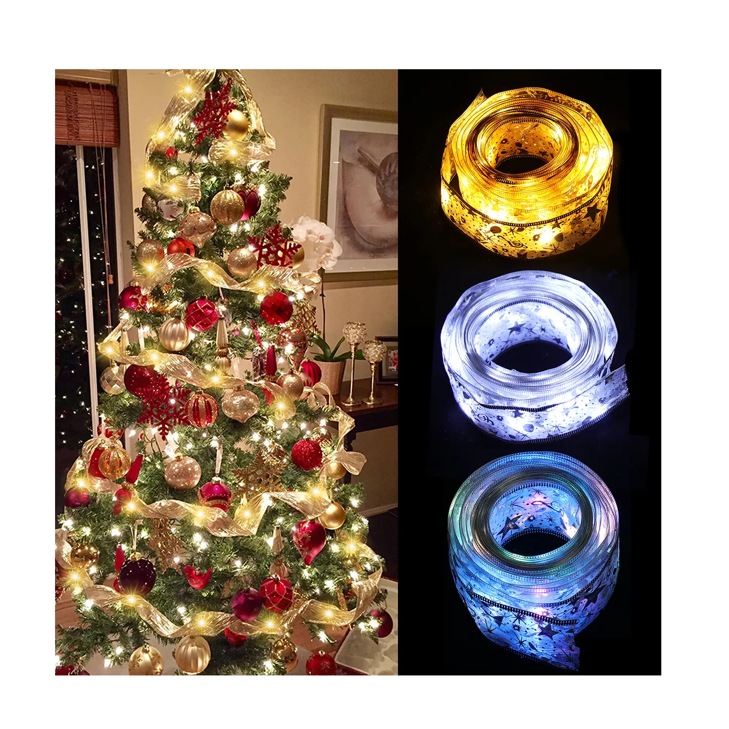 2022 New Christmas ribbon with Fairy LED Lights Xmas Tree Ornaments 10M Christmas Ribbon wire edge for Navidad decor