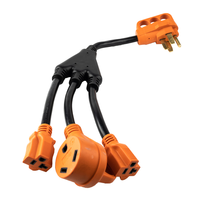 50A 3ft 1-to-3 RV Splitter Adapter NEMA 14-50P Male Plug to (2) 5-20R + (1) TT-30R Female Receptacles