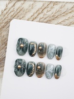 Vente en gros usine 10 pièces Faux ongles courts faits main à presser, motifs art floraire, fleurs mélangées, perles, étoiles et œil de chat