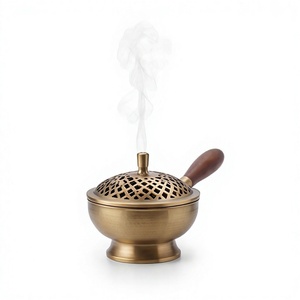 Handmade Metal Iron <b>Incense</b> <b>Cone</b> Holder Pan Burner Wooden Handle Lattice Lid Ash Catcher - Product Image 1