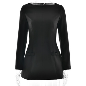 Robe trapèze à manches longues et col bateau pour femme, style européen et américain, avec nœud, jupe courte, pour soirée ou tenue décontractée, taille naturelle - Product Image 5
